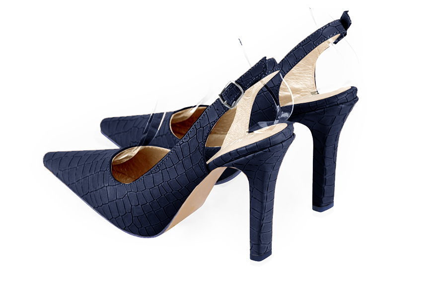 Navy blue women's slingback shoes. Pointed toe. Very high slim heel. Rear view - Florence KOOIJMAN